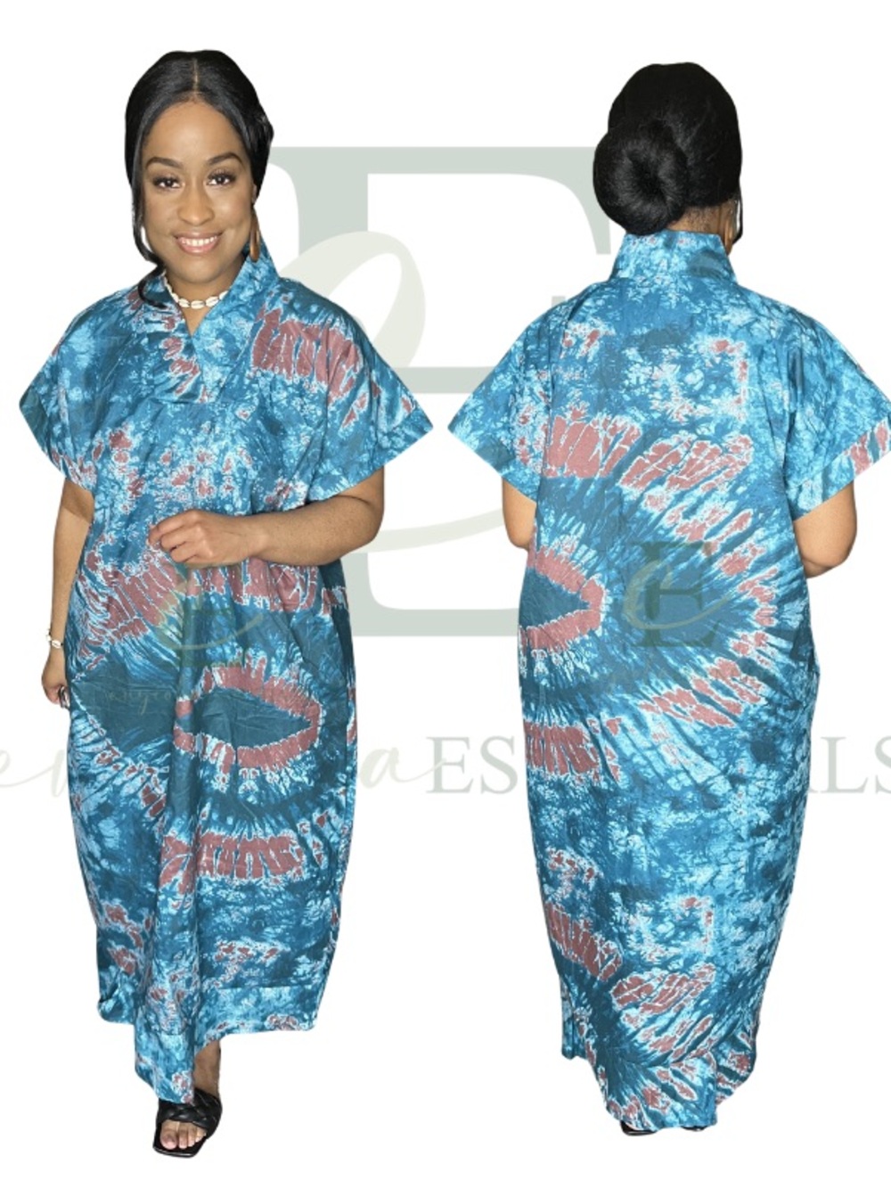 Teal Blue Tie-Dye Boubou Dress | One Size (M–XXL)